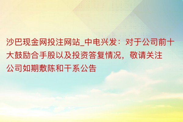 沙巴现金网投注网站_中电兴发：对于公司前十大鼓励合手股以及投资答复情况，敬请关注公司如期敷陈和干系公告